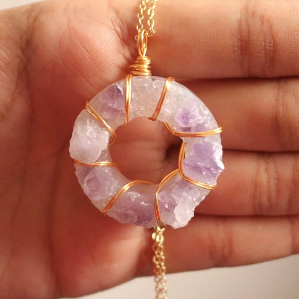 Raw Amethyst Circle Pendant Necklace – Gold Wire Wrapped - Picture 3 of 8